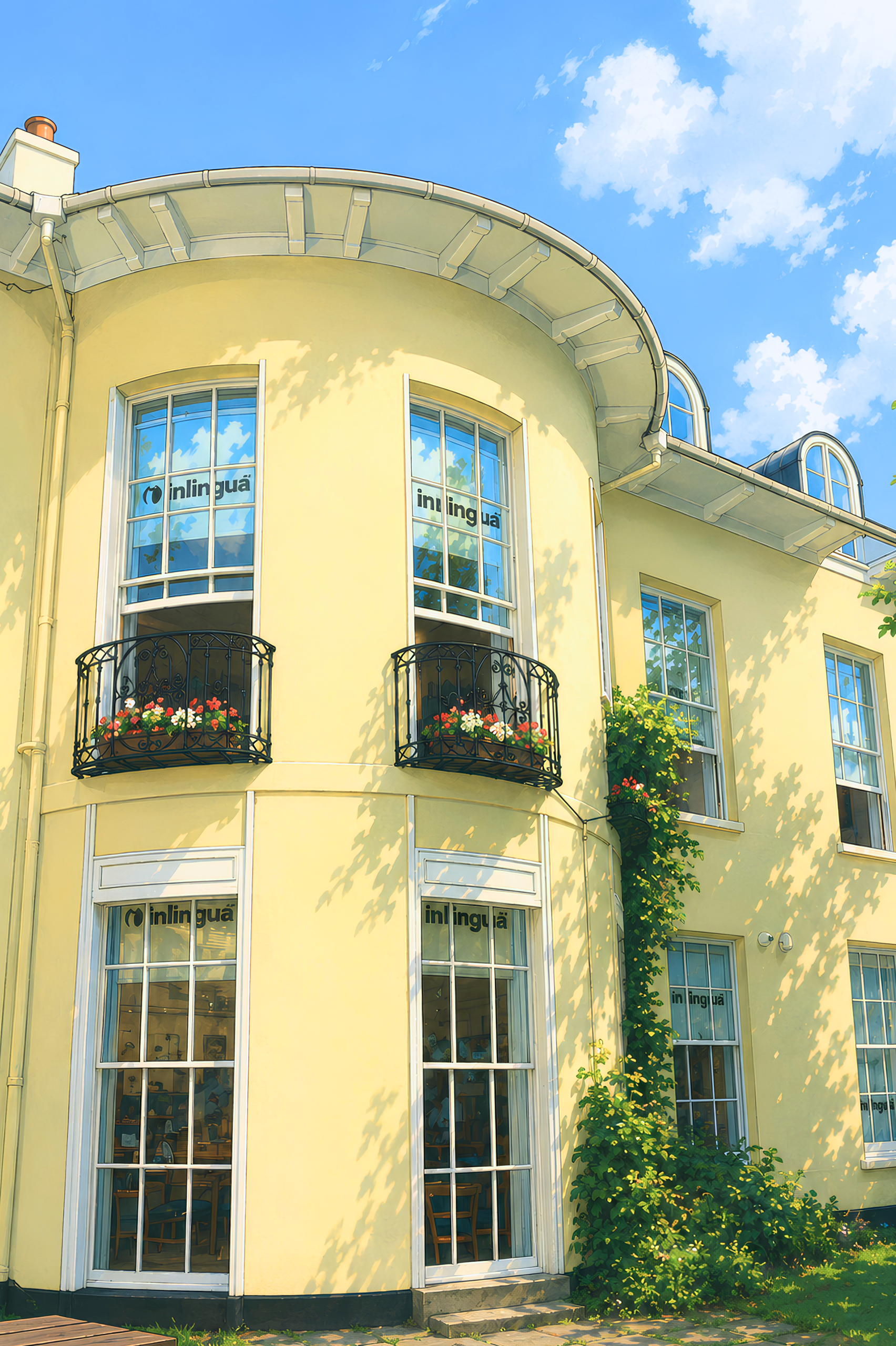 A student smiling outside the Regency facade of inlingua Cheltenham